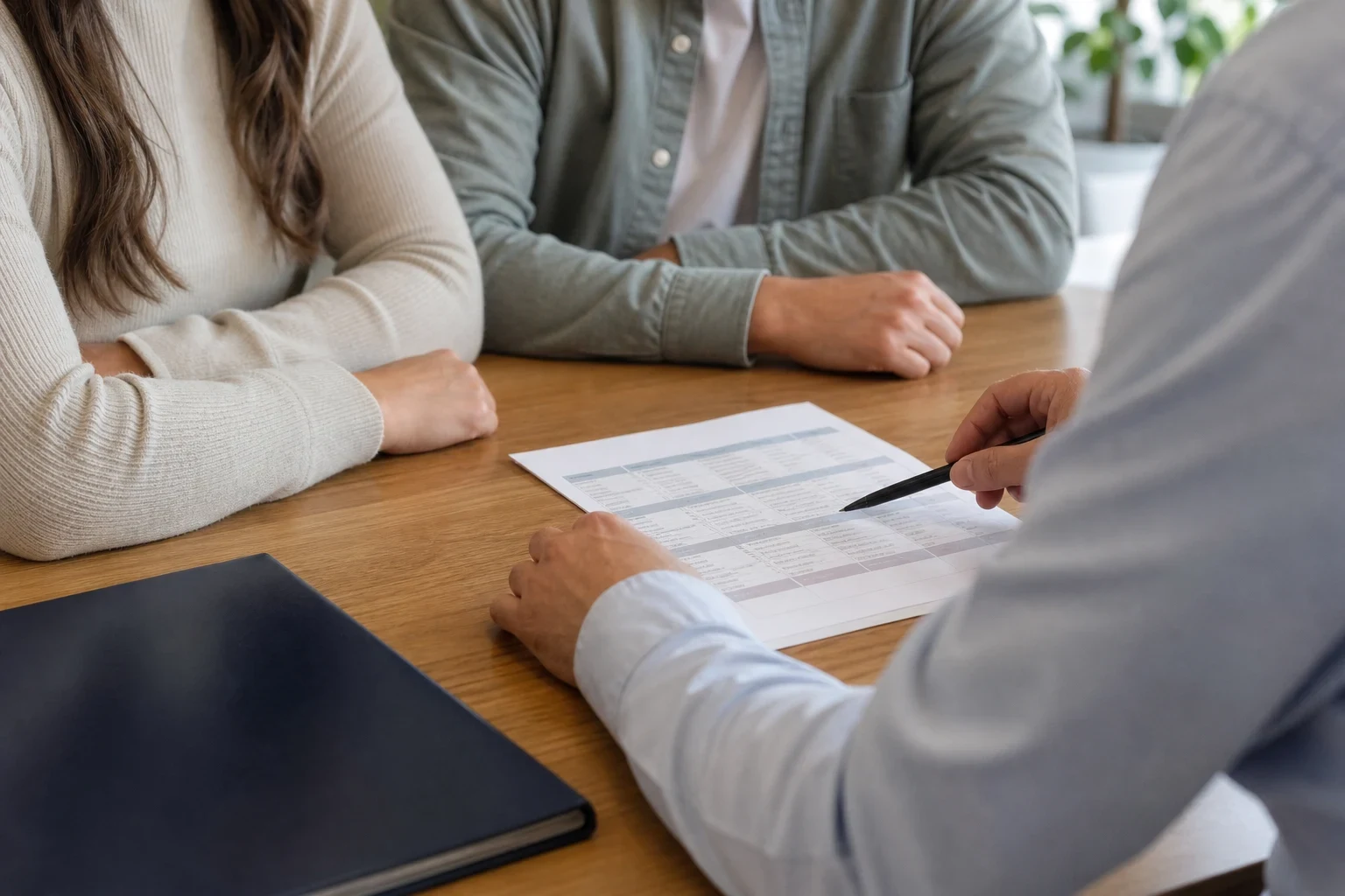 Over-the-shoulder view of an agent pointing a pen at a printed sheet on a wooden desk while a couple sits across, with a dark folder and a plant nearby